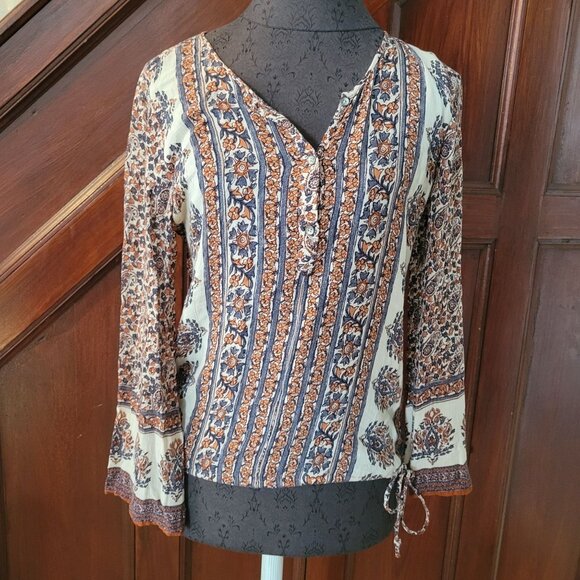 Lucky Brand Womens XS Floral Boho Long Sleeve Blouse With Button & Tie Detail - Picture 1 of 7